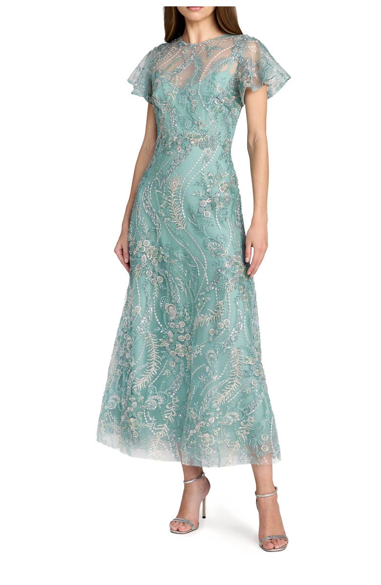 Mac Duggal Floral Embroidered Mesh Flutter Sleeve Ankle Dress, Main, color, Seafoam