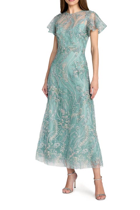 Floral Embroidered Mesh Flutter Sleeve Ankle Dress