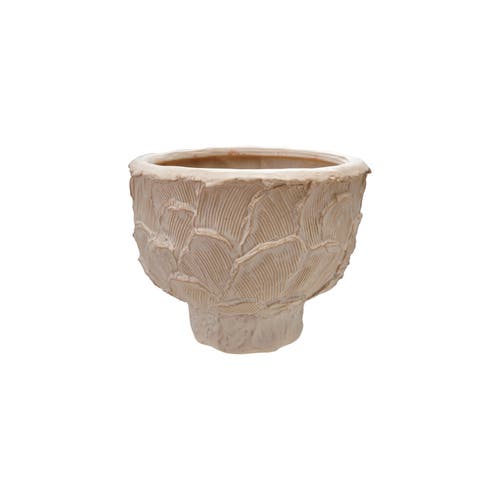 Storied Home Round Embossed Stoneware Planter With Pattern, Cream Color In Neutral