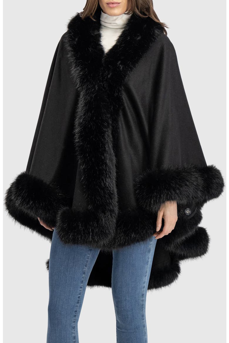 Cashmere & Wool Blend Cape With Fur-Free Fox (Faux Fur) Trim, Main, color, BLACK