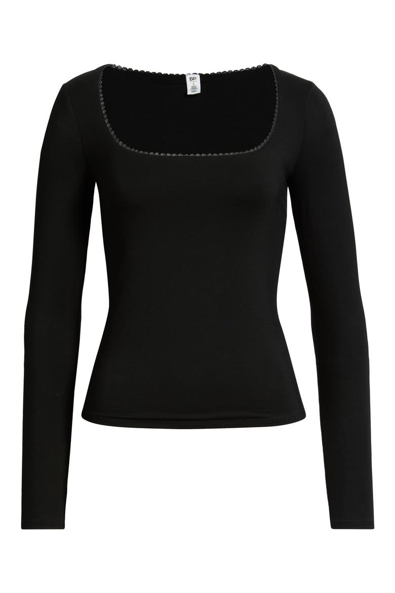 Lace Trim Square Neck Long Sleeve Top, Main, color, BLACK