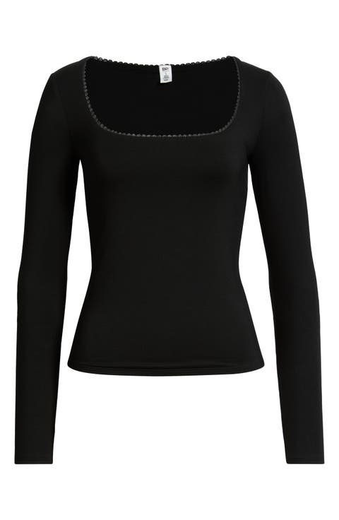 Lace Trim Square Neck Long Sleeve Top