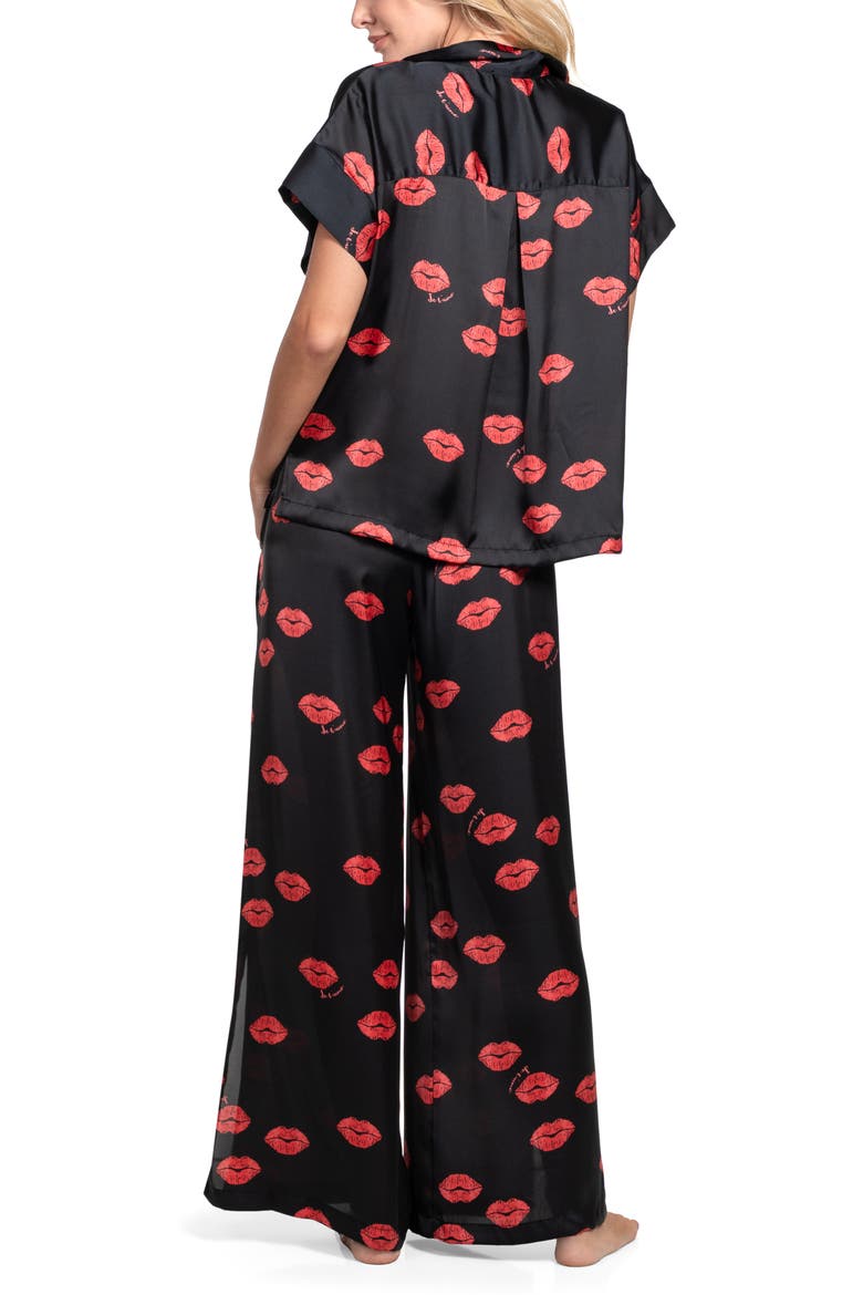 Valentine's Day Print Satin Long Pajamas, Alternate, color, BLACK