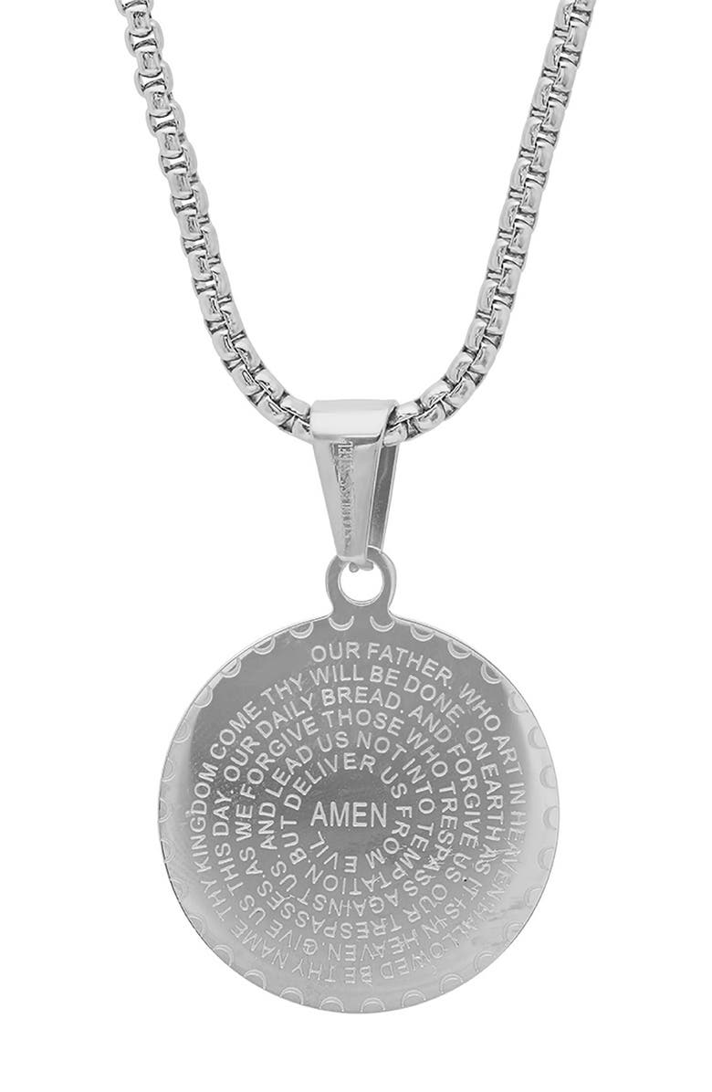 HMY JEWELRY 18K Rose Gold Plaed Stainless Steel Lord's Prayer CZ Pendant Necklace, Alternate, color, Metallic