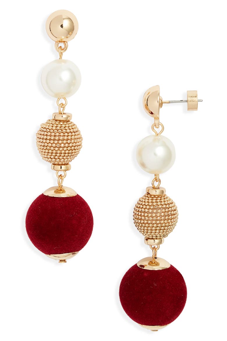 Orb Velvet & Faux Pearl Drop Earrings, Main, color, BURGUNDY- GOLD