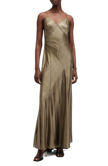 Allsaints Womens Metallic Gold Lili Metallic Panelled Woven Maxi Dress