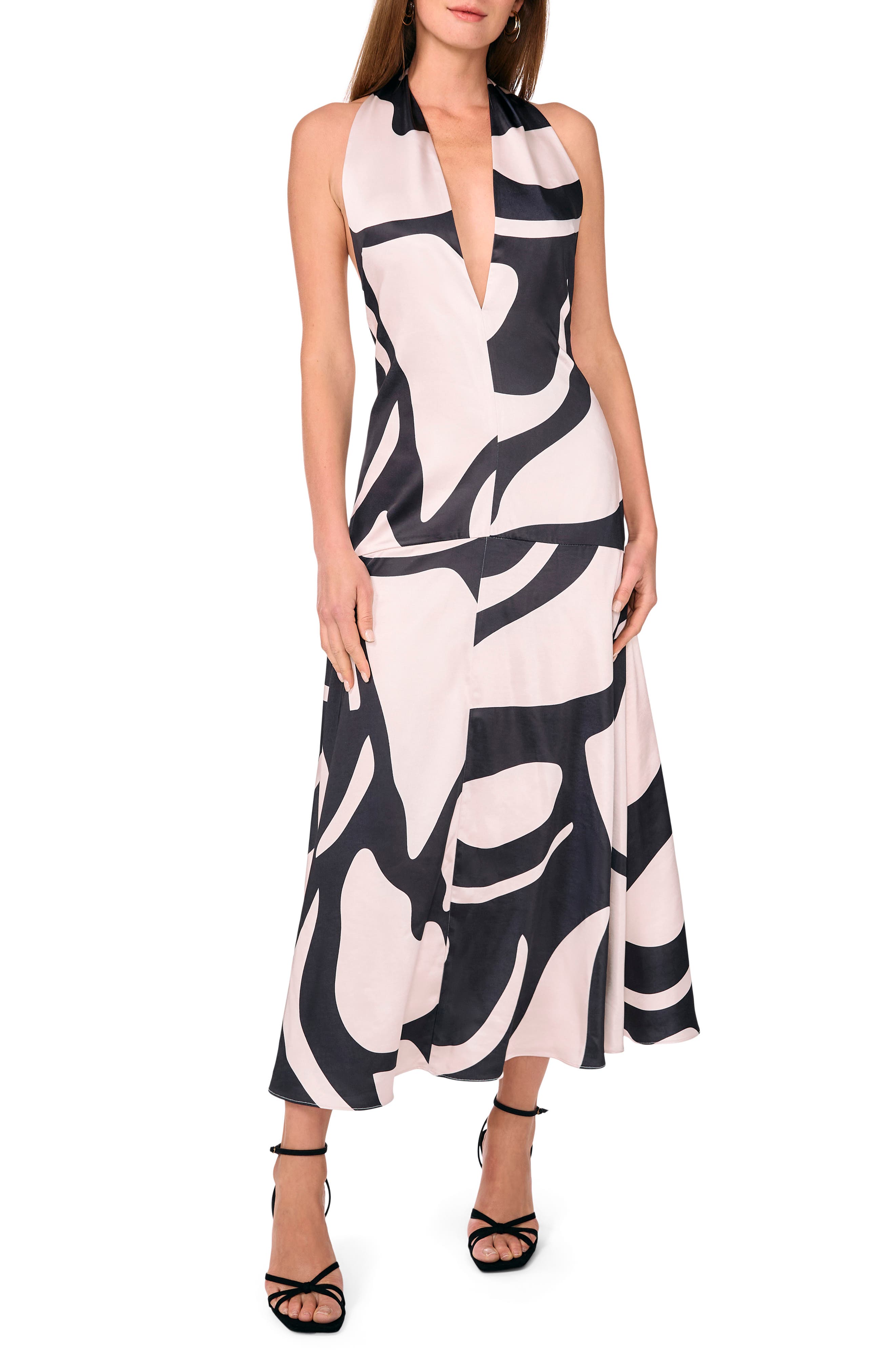 Parker The Nia Abstract Print Halter Plunge Neck Dress