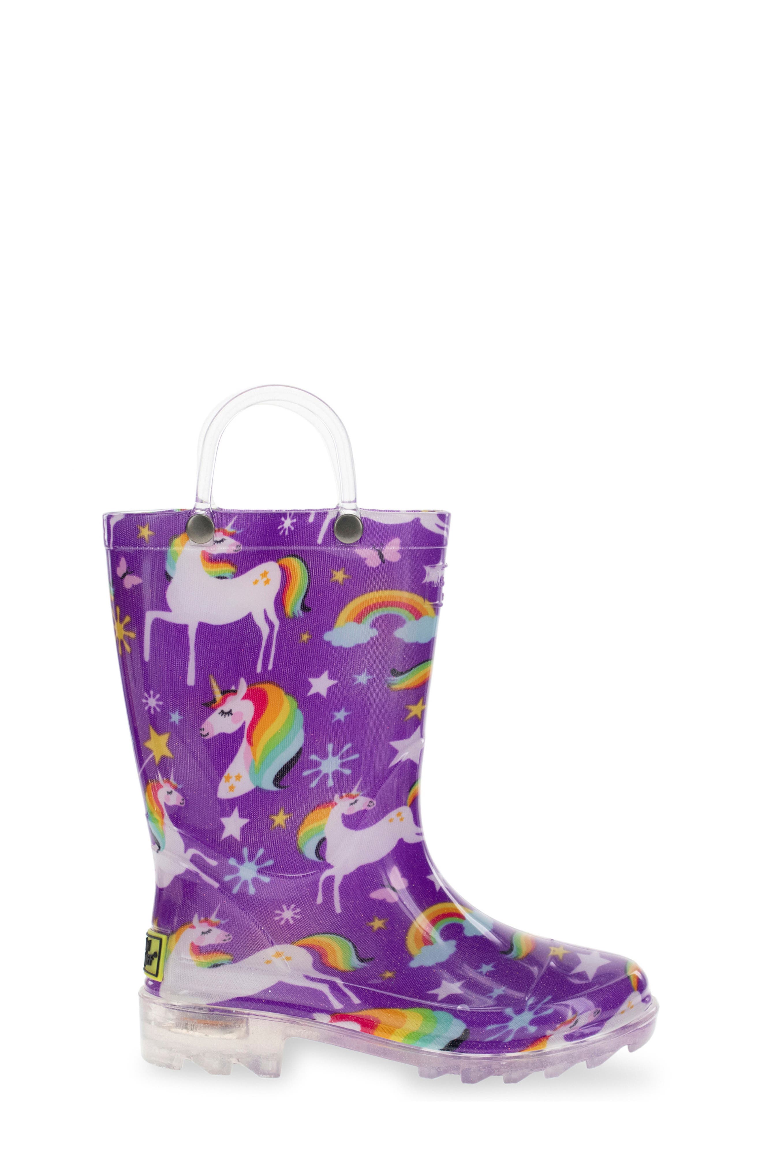 Western Chief Kids' Rainbow Unicorn Light-Up Waterproof Rain Boot, Alternate, color, Purple