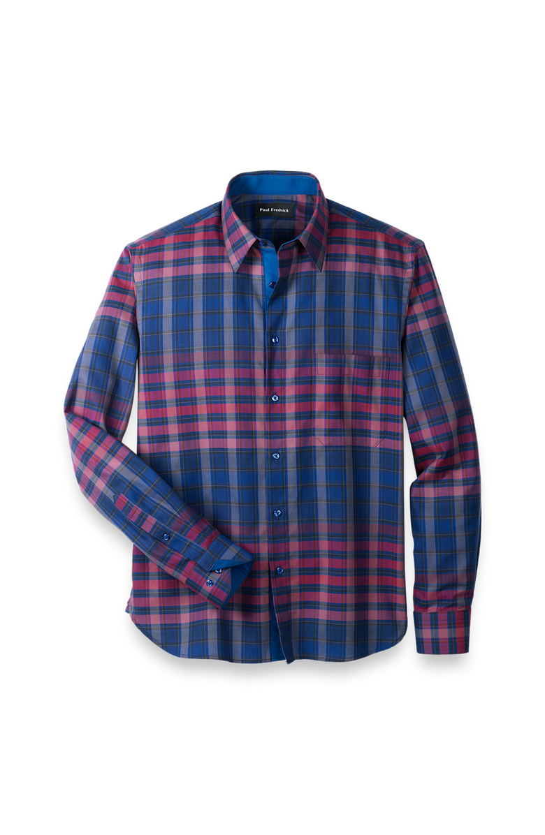 Paul Fredrick Cotton Plaid Point Collar Casual Shirt, Main, color, Blue/Burgundy