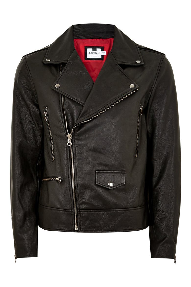 Classic Fit Leather Biker Jacket, Alternate, color, BLACK