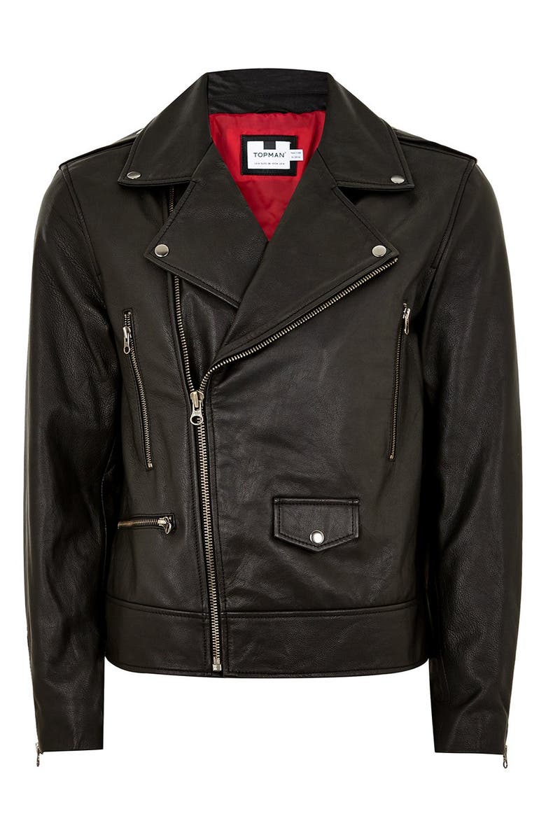 Topman Classic Fit Leather Biker Jacket, Alternate, color, 