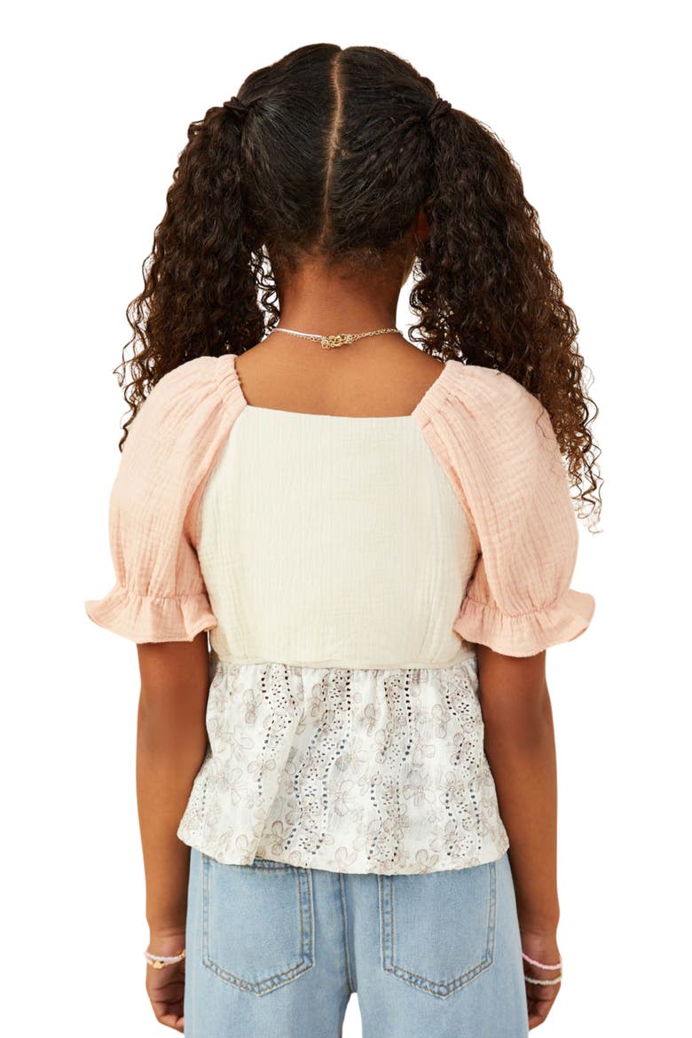 Kids' Colorblock Eyelet Puff Sleeve Top, Alternate, color, CREAM