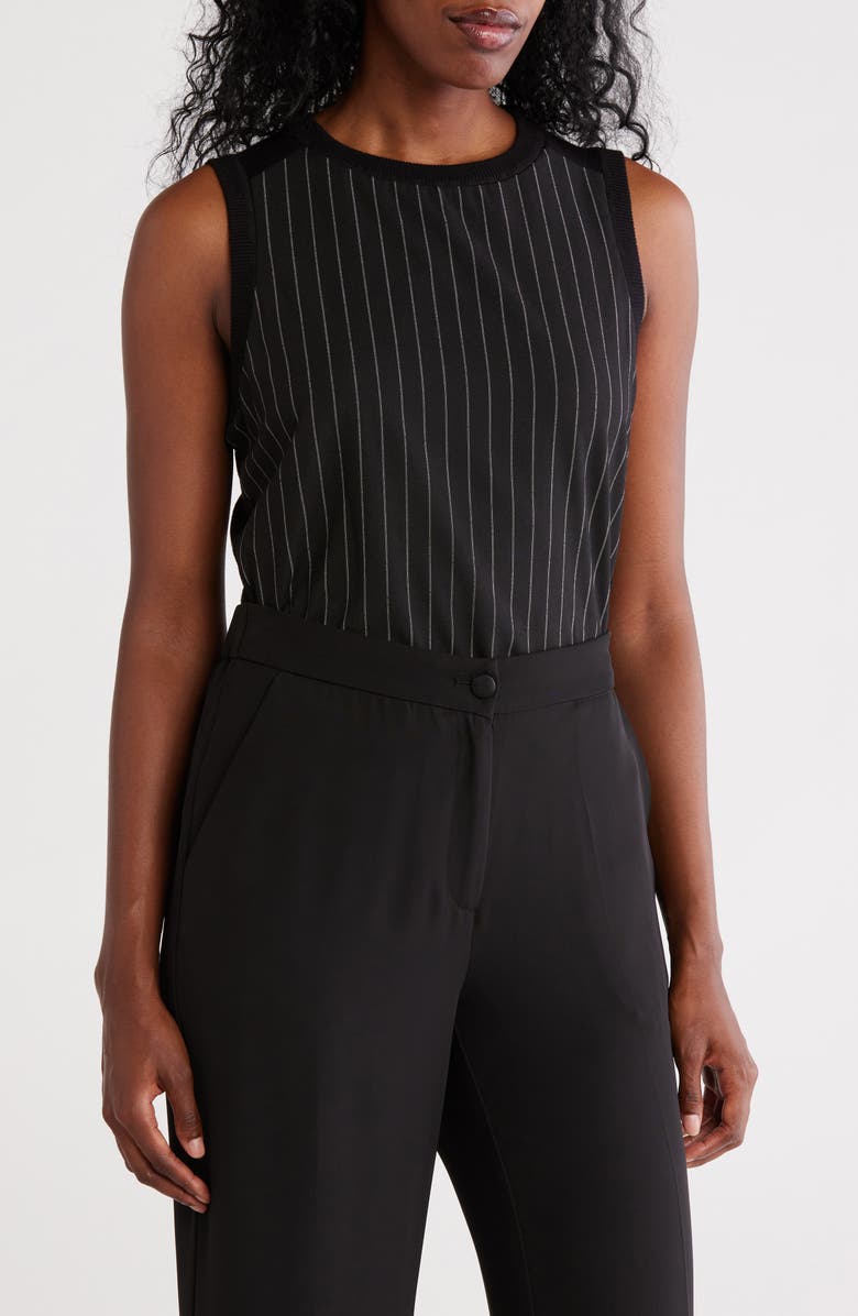 DKNY Mixed Media Sleeveless Sweater, Main, color, Black/ Ivory Pinstripe