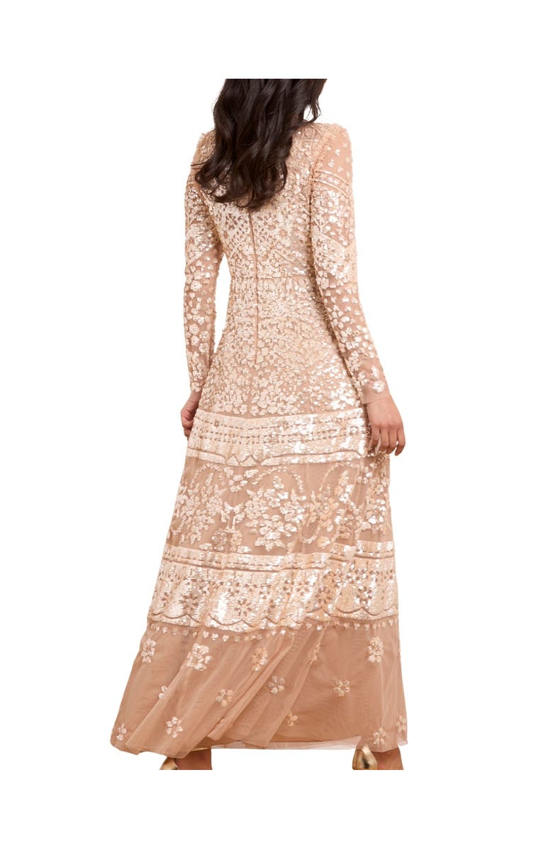 Needle & Thread Aurora Long Sleeve Round Neck Gown, Alternate, color, Butterscotch/ Gold