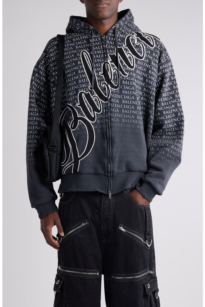 Big B Logo Embroidered Full Zip Dry Fleece Hoodie, Main, color, 6552 WASHED BLACK 2/ WHITE