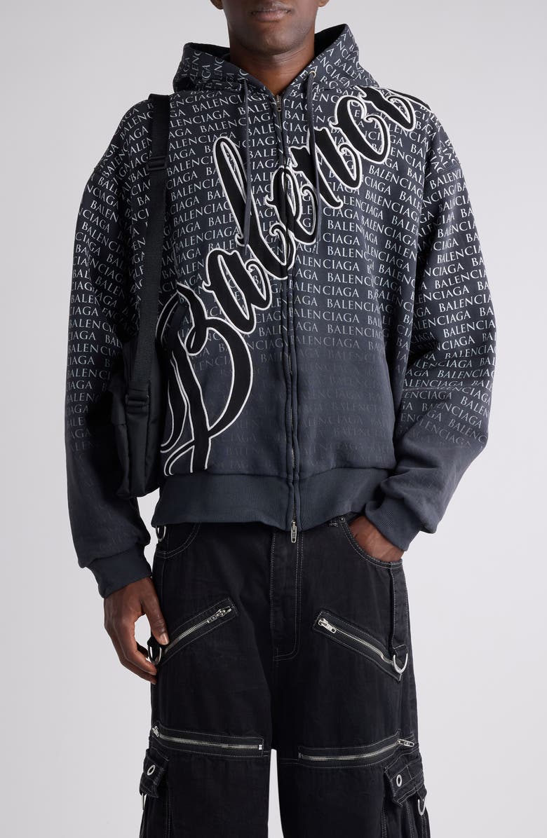 Balenciaga Big B Logo Embroidered Full Zip Dry Fleece Hoodie, Main, color, 6552 Washed Black 2/ White