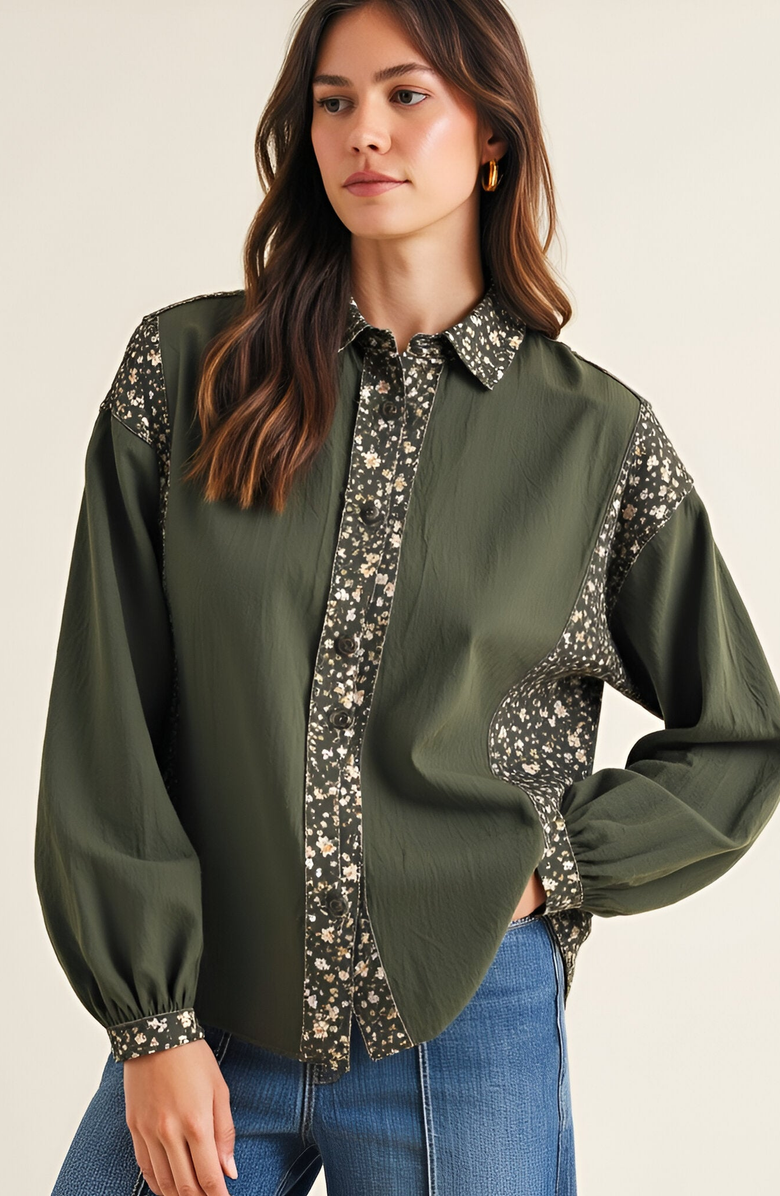 Modenaire Long Sleeve Floral Print Trim Button Up Shirt, Alternate, color, Floral Print