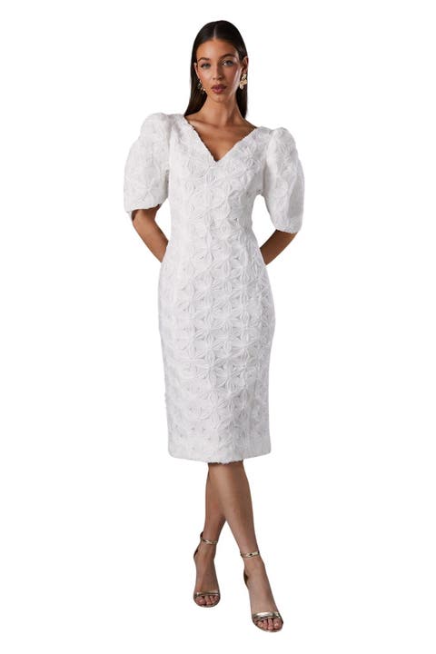 Floral Pleated Sleeve Pencil Dress