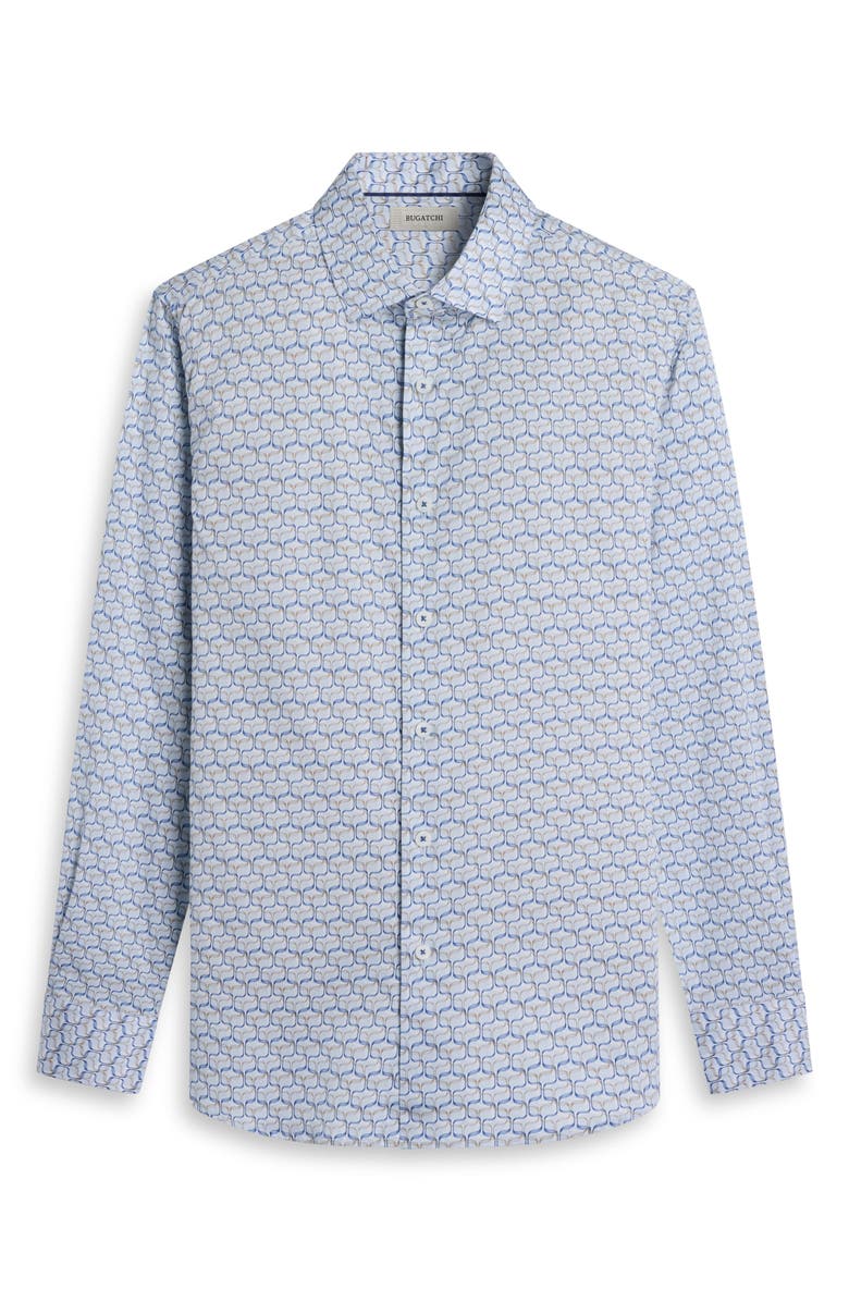 Bugatchi Julian Shaped Fit Geometric Wave Print Stretch Cotton Button-Up Shirt, Alternate, color, Hazy Blue