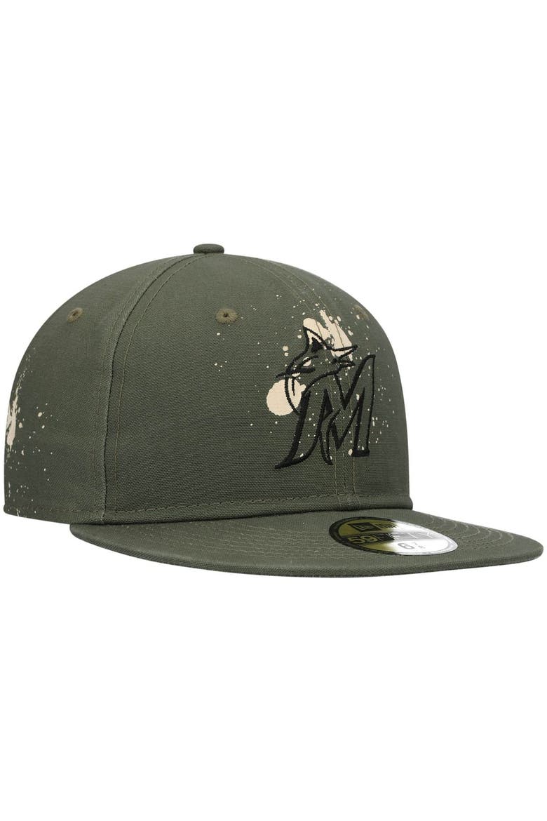 Men's New Era Olive Miami Marlins Splatter 59FIFTY Fitted Hat, Alternate, color, Olive