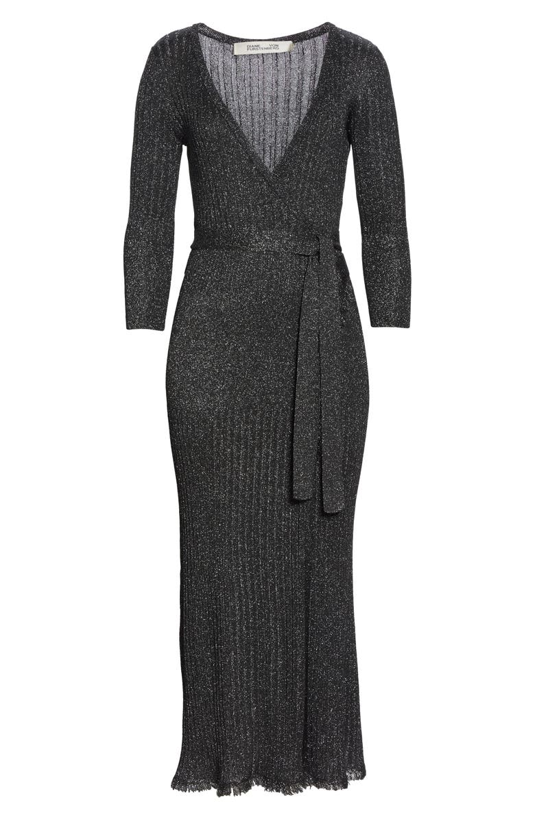 DVF Bobbi Metallic Detail Ribbed Wool Blend Midi Wrap Dress, Alternate, color,
