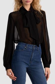 Alice + Olivia Brentley Tie Neck Sheer Long Sleeve Button-Up Shirt