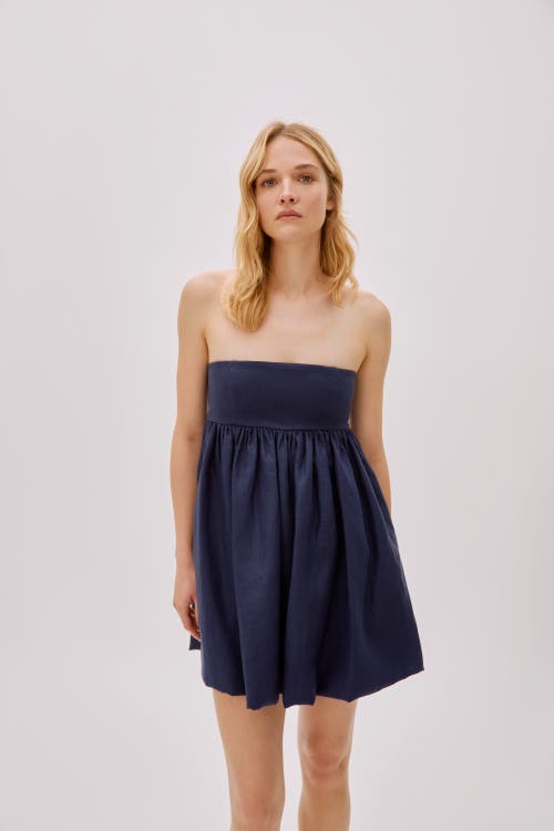 Labeca London Mykono Linen Strapless Dress In Blue