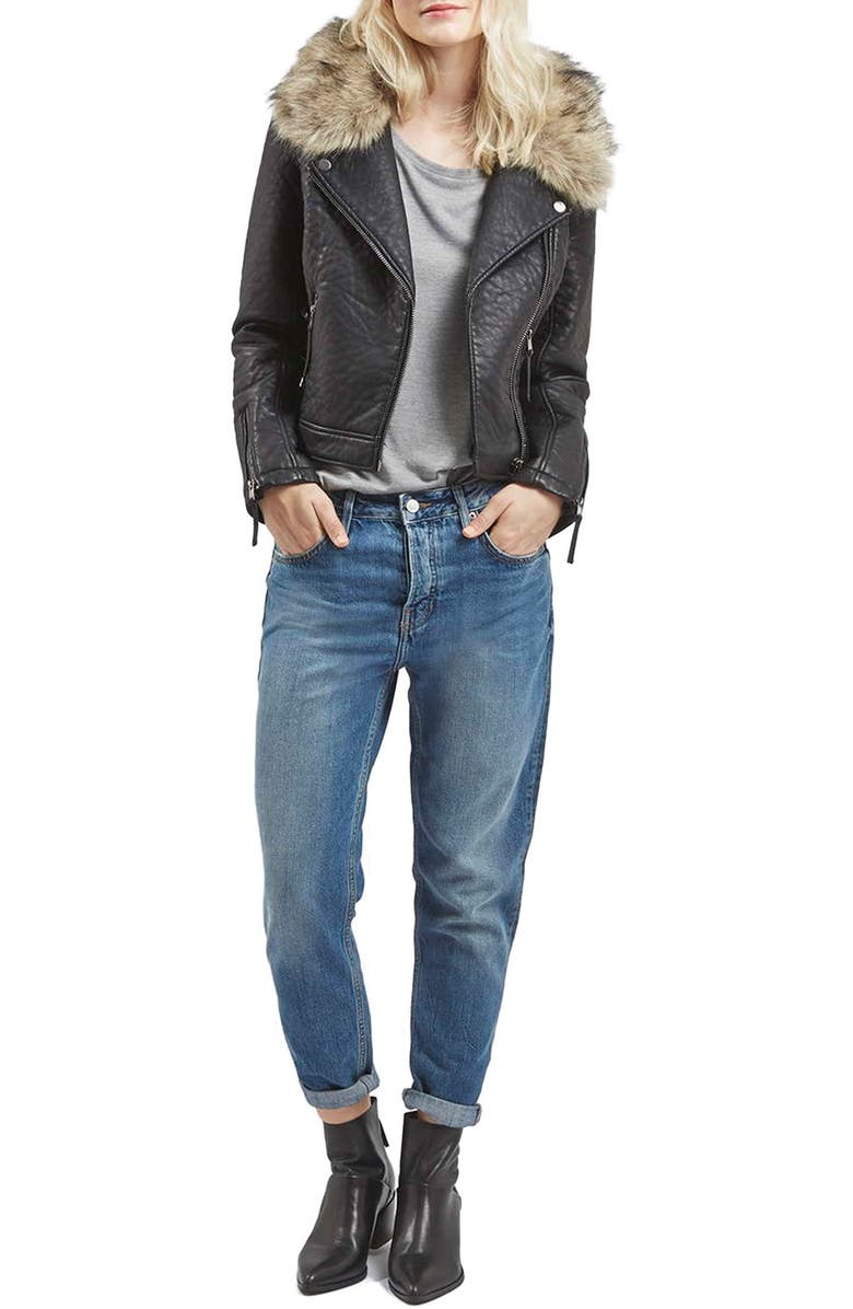 Topshop Faux Leather Moto Jacket with Removable Faux Fur Collar, Alternate, color, 