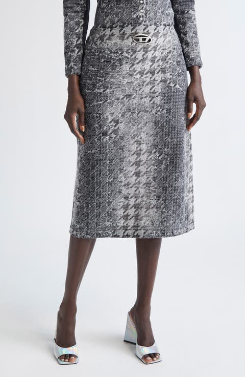 De-Rathian-Fsh Houndstooth & Prince of Wales Jacquard Denim Midi Skirt