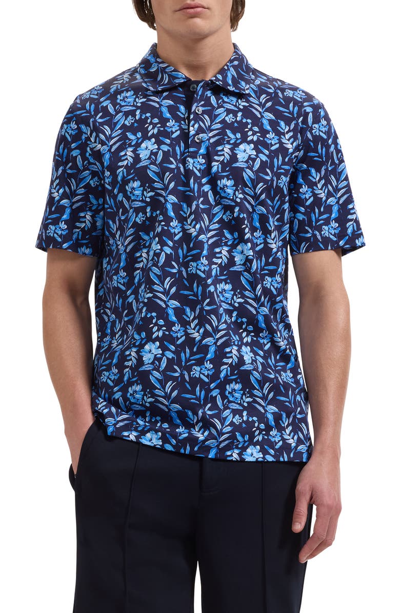 Bugatchi Hendrix Digital Floral Print Pima Cotton Polo, Main, color, Navy