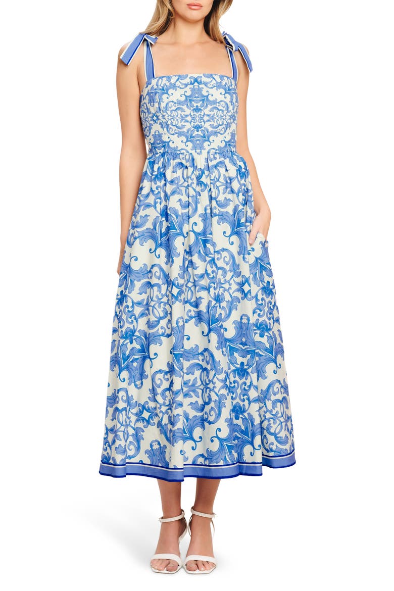 Bow Tied Shoulder Strap Midi Dress, Main, color, IVORY BLUE