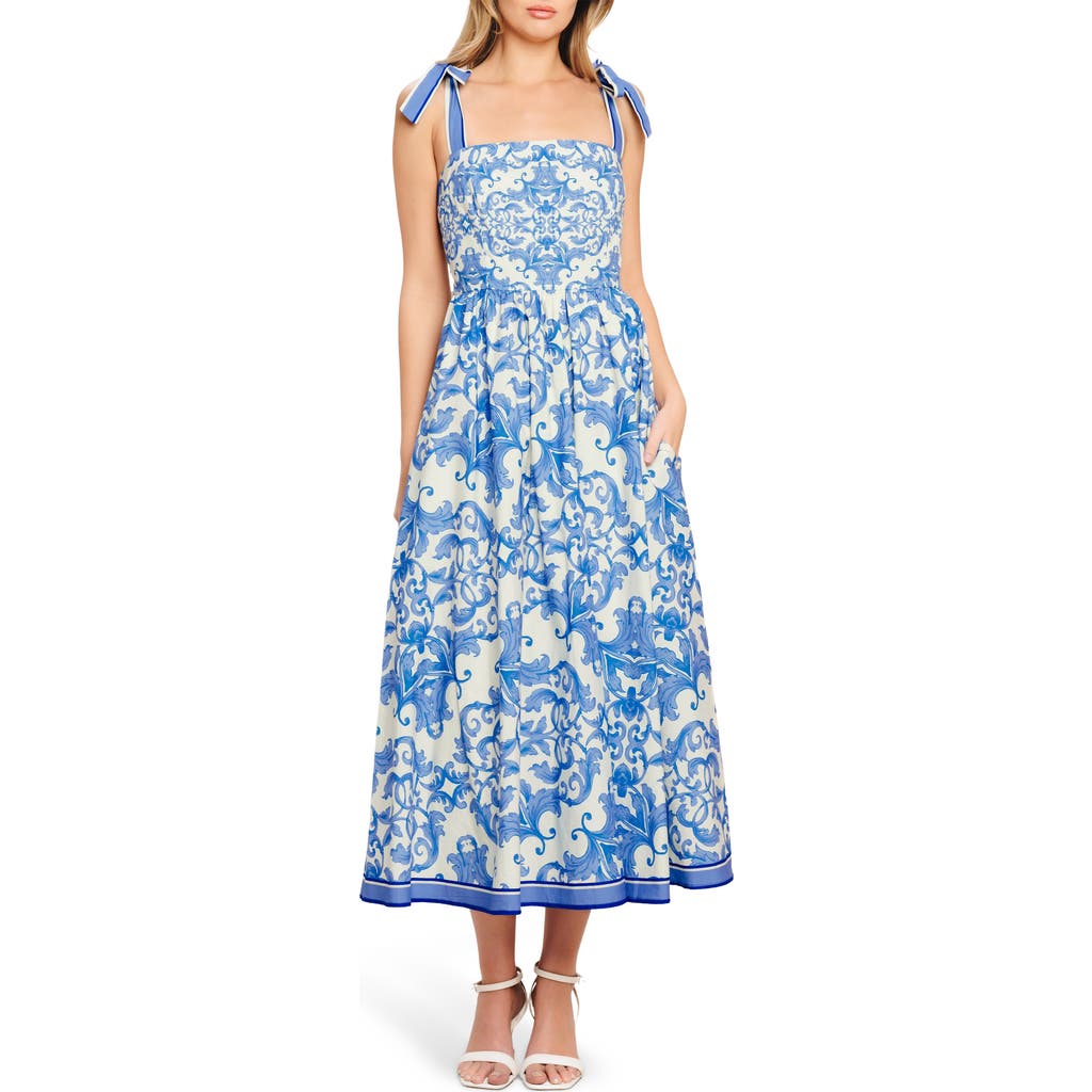 Flying Tomato Bow Tied Shoulder Strap Midi Dress In Ivory Blue