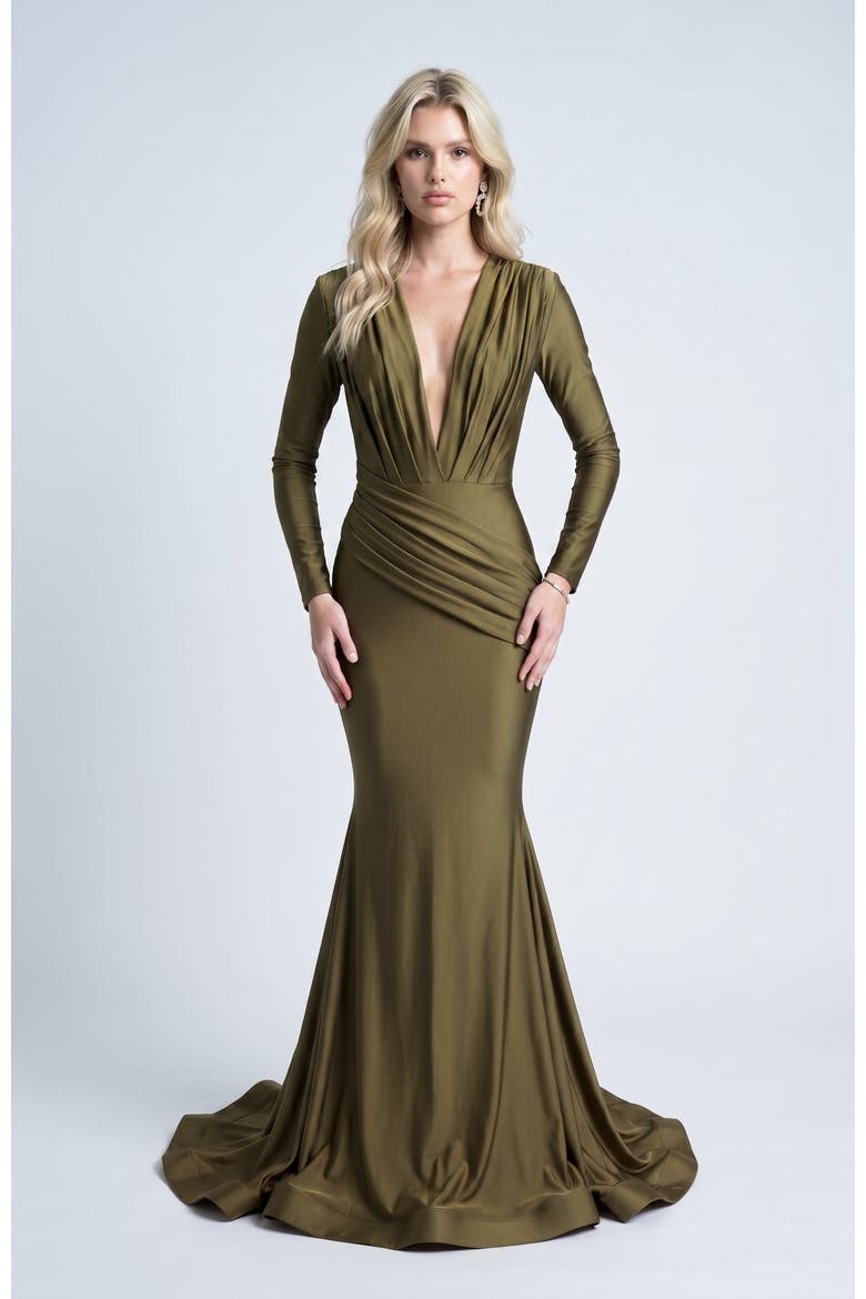 Long Sleeve Plunge V-Neck Ruched Mermaid Gown, Alternate, color, Forest Green