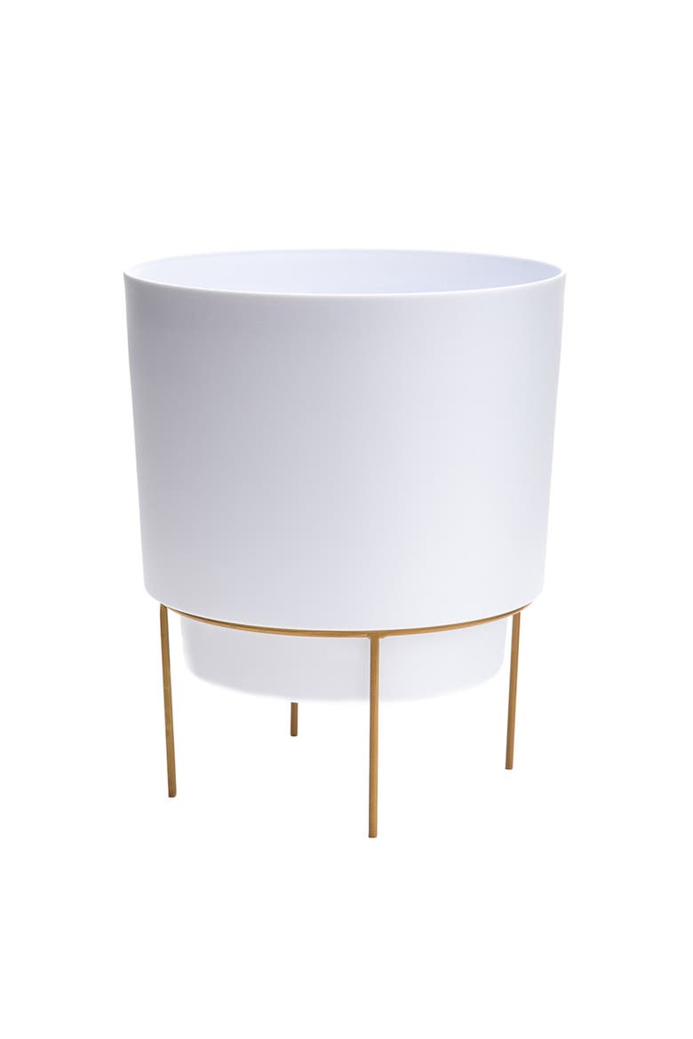 Hopson 14" Casper White Planter w/ Metal Gold Stand Made of Durable Resin, Main, color, White
