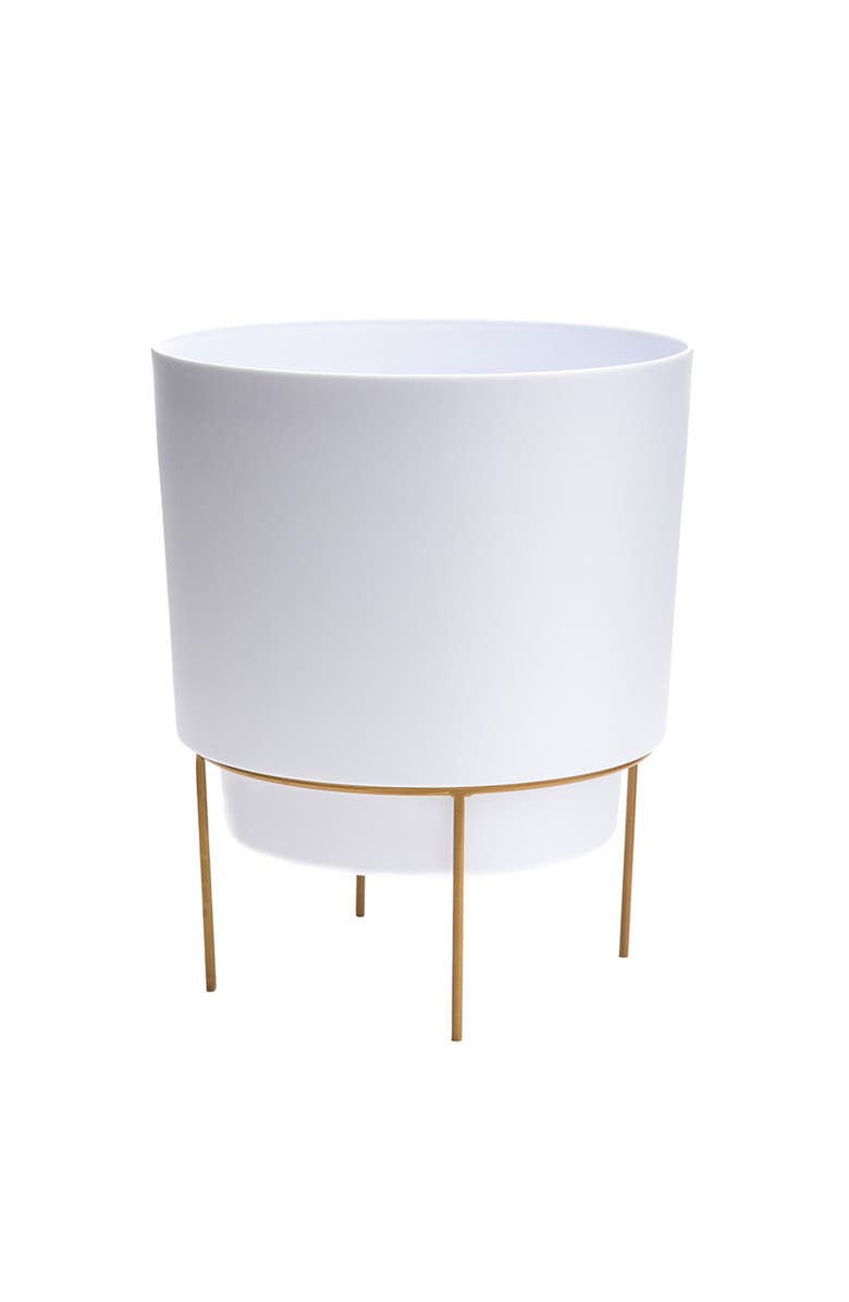Bloem Hopson 14" Casper White Planter w/ Metal Gold Stand Made of Durable Resin, Main, color, White