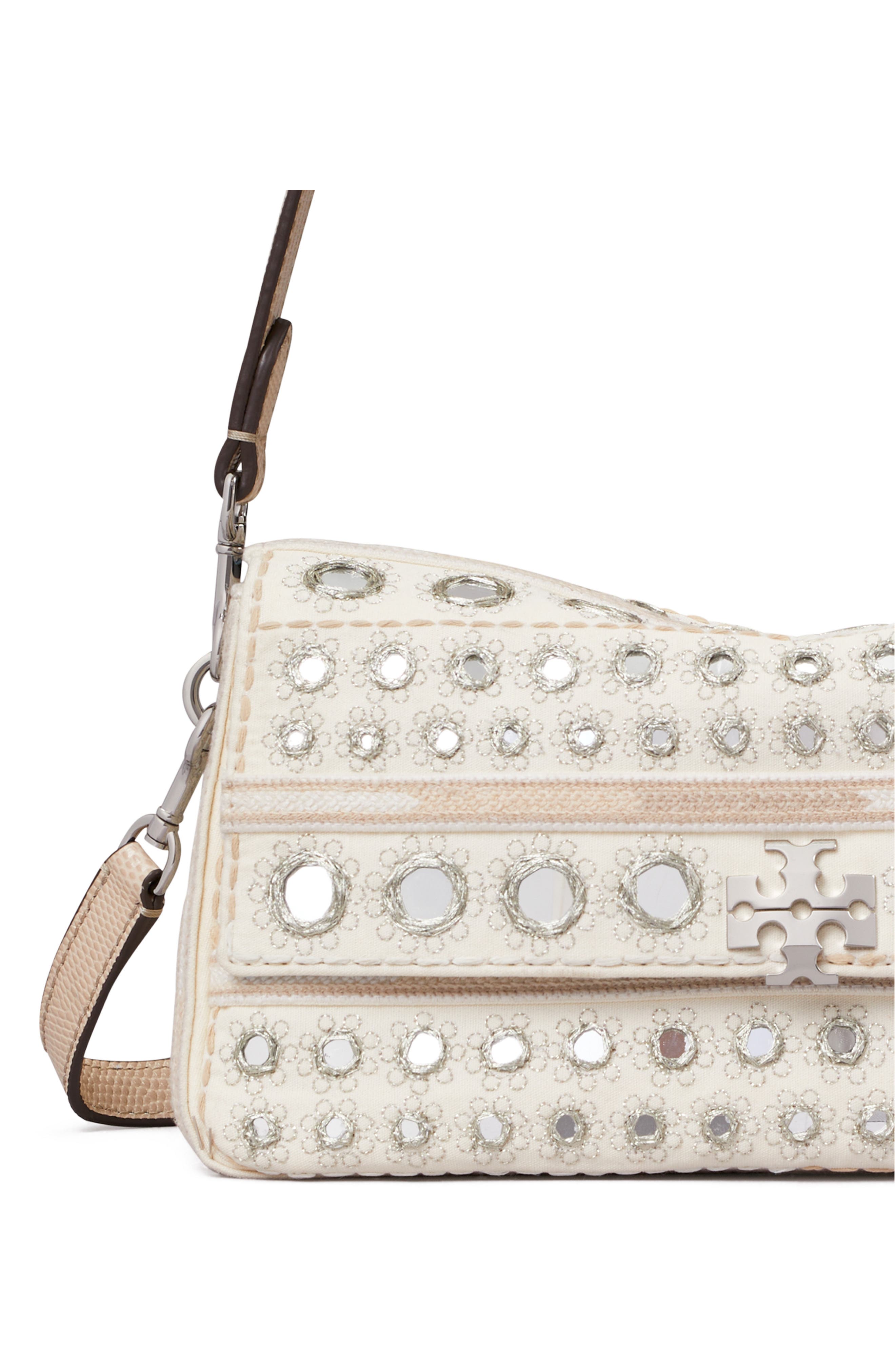 Tory Burch Small Charlie Embellished Shoulder Bag, Alternate, color, New Ivory