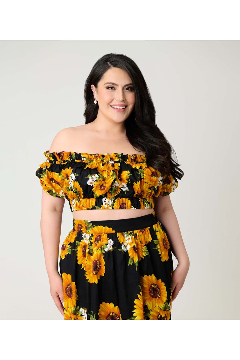 Plus Size 1970s Off Ruffle Up Crop Top, Main, color, Black Floral Print