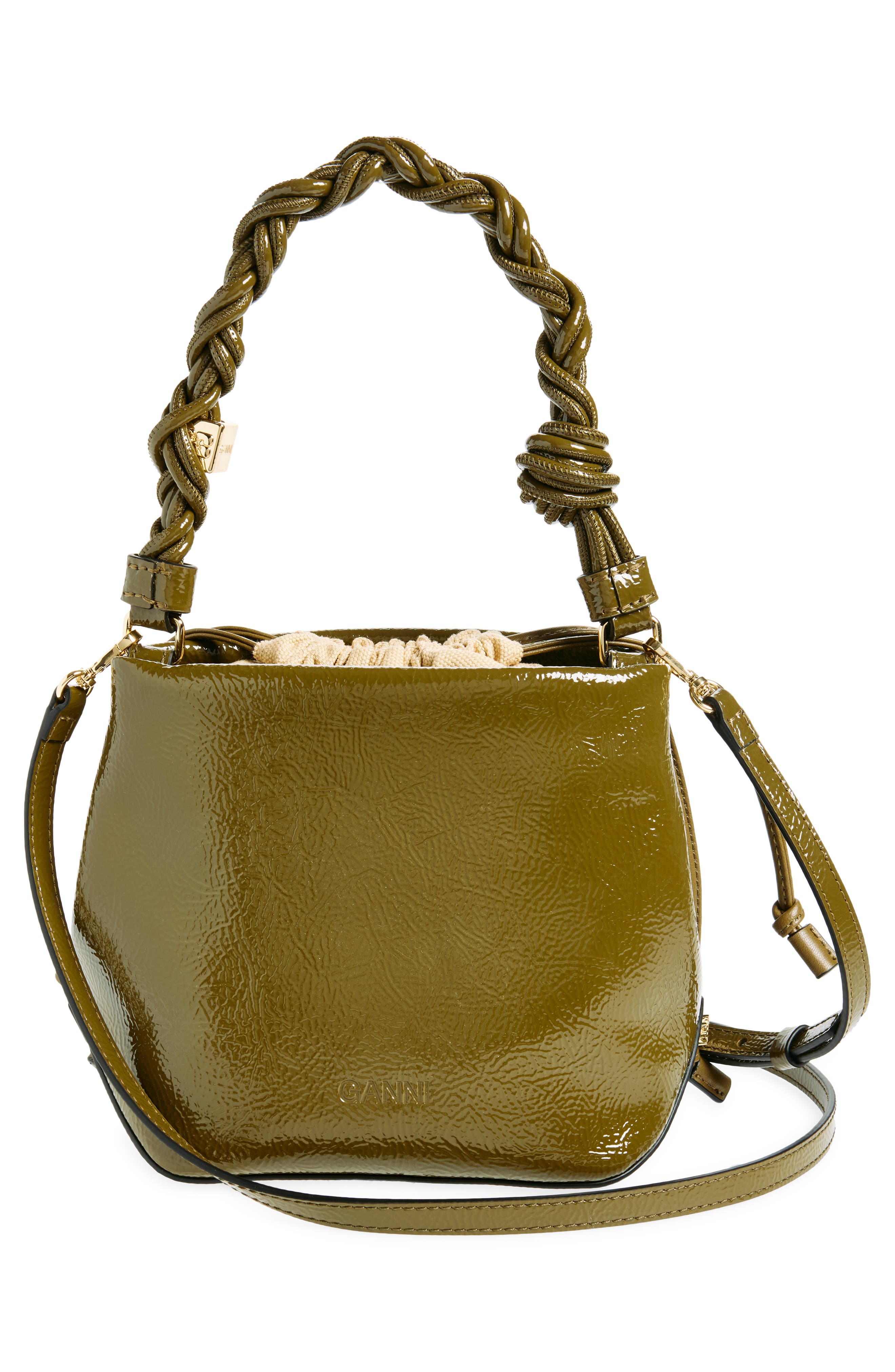 Ganni Bou Patent Crinkle Leather Bucket Bag, Alternate, color, 