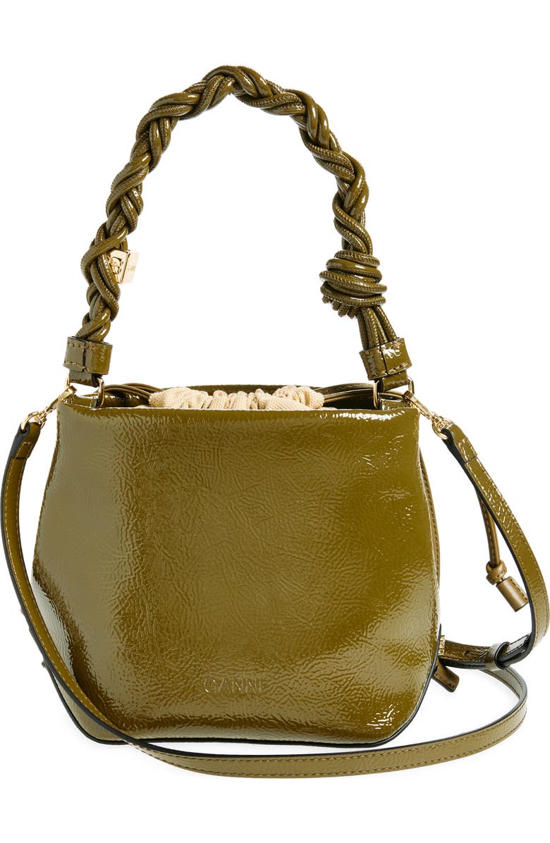 Ganni Bou Patent Crinkle Leather Bucket Bag, Alternate, color,
