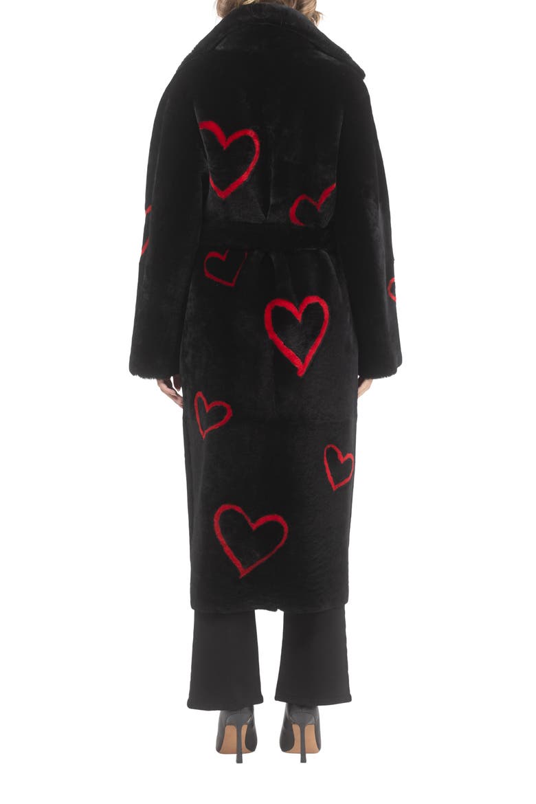 Reversible Genuine Shearling Coat with Heart Intarsia, Belt, Alternate, color, Black/Red
