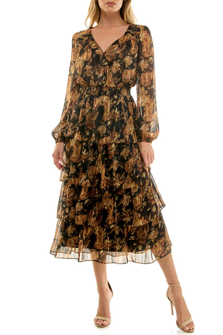 Floral Long Sleeve Tiered Midi Dress, Main, color, BLACK GOLD VINTAGE
