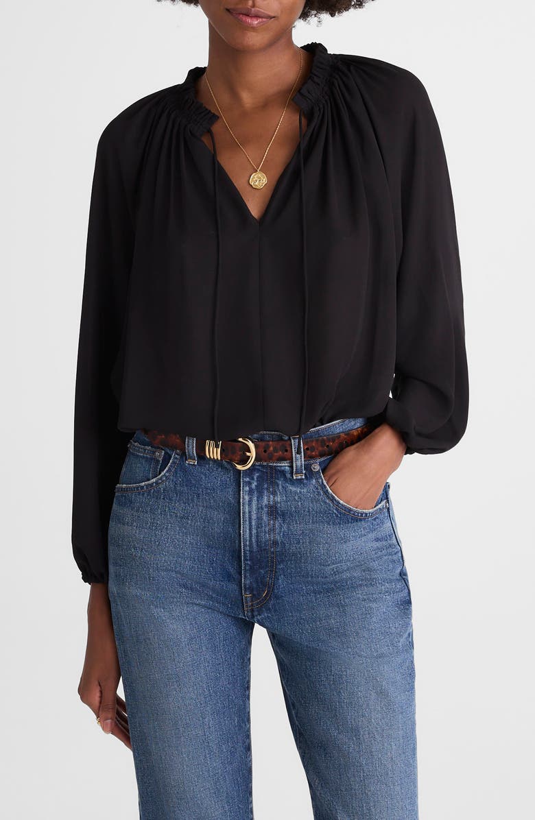 Madewell Long-Sleeve Tie-Neck Top, Main, color, Jet Black