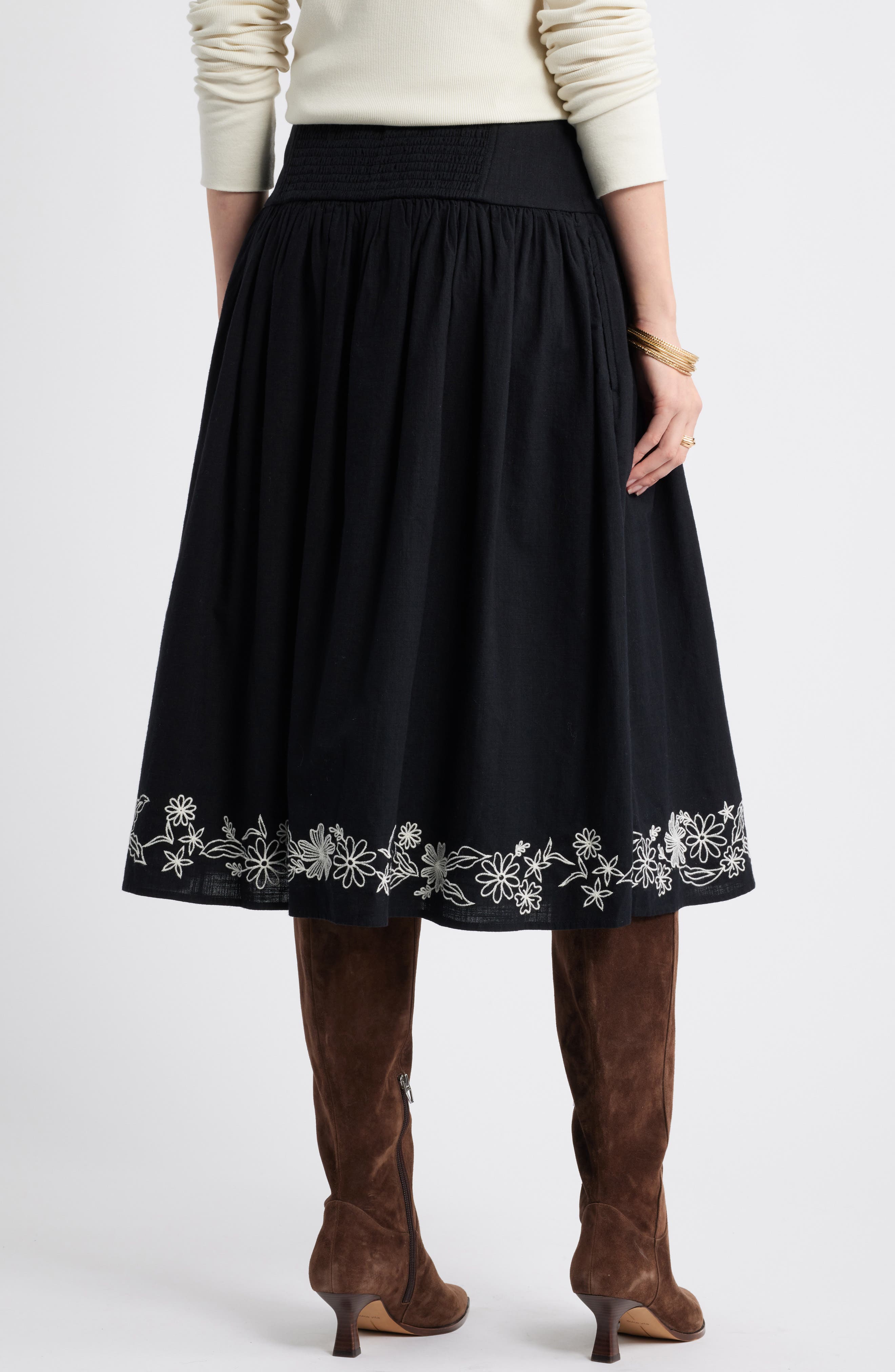 Treasure & Bond Embroidered Hem Cotton Midi Skirt (Women
