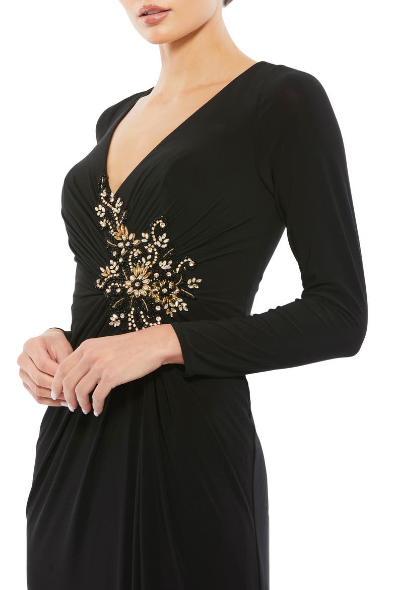 Faux Wrap Long Sleeve Appliqué Detail Gown, Alternate, color, BLACK