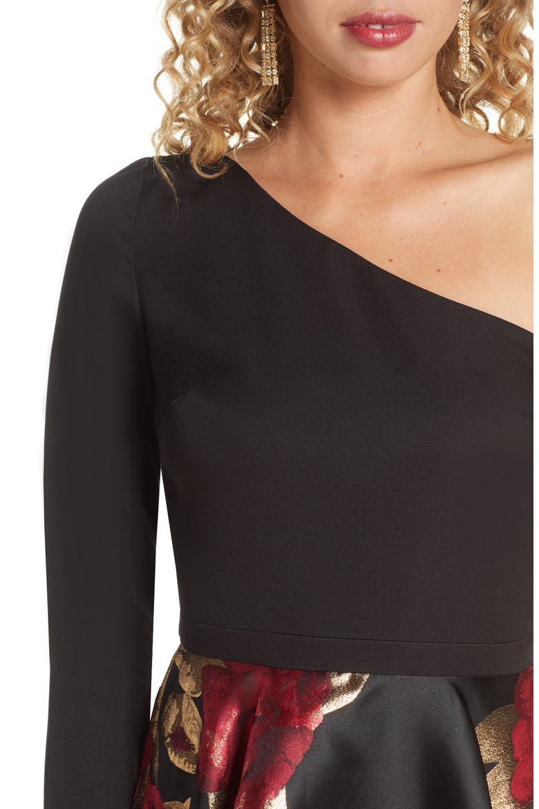 Roslin One-Shoulder Jacquard Cocktail Dress, Alternate, color, BLACK