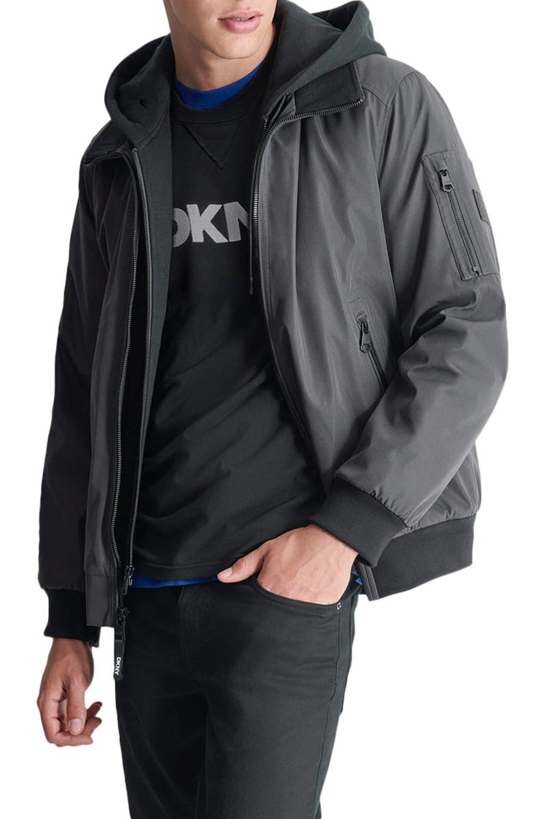 DKNY Water Resistant Bomber with Hooded Bib, Alternate, color, Iron