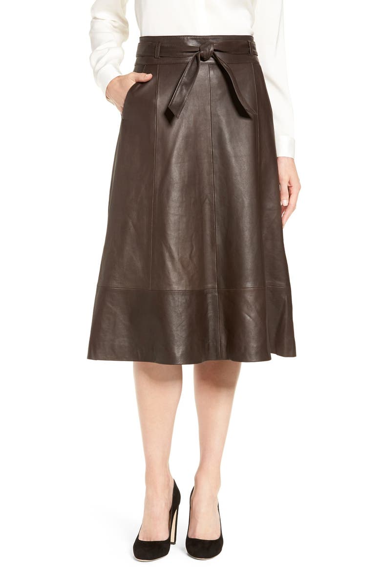 Belted Leather A-Line Skirt, Main, color, BROWN CHESTNUT