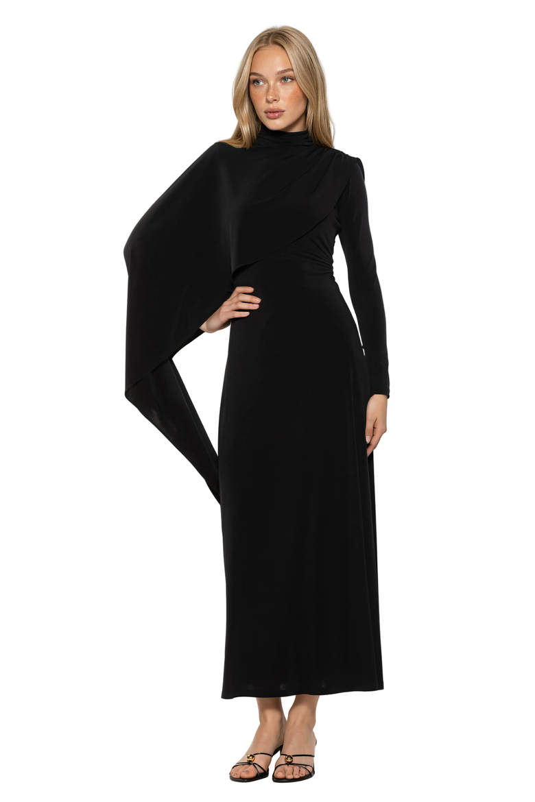 Aziel Mockneck Cape Maxi Dress, Main, color, Black