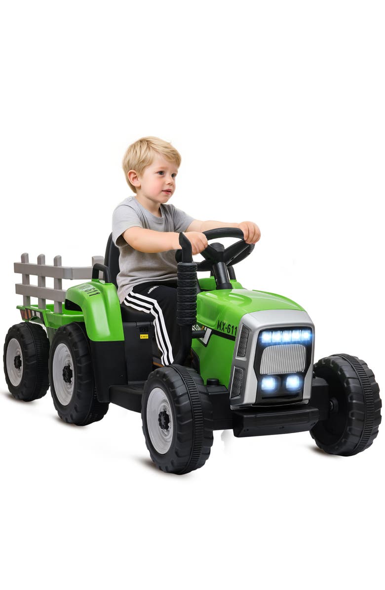 Aosom 12V Kids Ride on Tractor with Trailer, 25W Dual Motors, Remote Control, Music, Startup Sound, Horn, Lights, Main, color, Green
