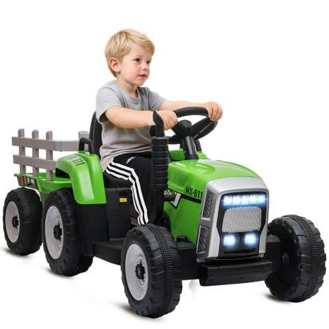 12V Kids Ride on Tractor with Trailer, 25W Dual Motors, Remote Control, Music, Startup Sound, Horn, Lights